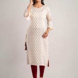 MAUKA Women Cream-Coloured & Gold-Toned Ethnic Motifs Printed Bell Sleeves Kurta-0