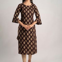 MAUKA Women Brown & Gold-Toned Floral Printed Bell Sleeves Kurta-picture-58
