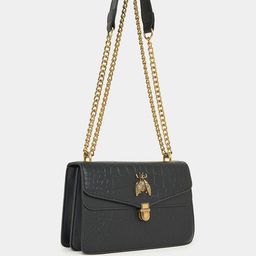 Styli Women's Black Metal Patch Design Textured Flap Shoulder Bag-22