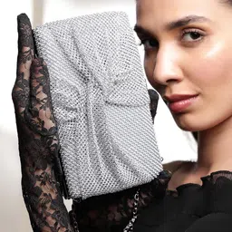 Rubans Silver Tone Crystal CZ Studded Luxury Clutch with Knot Detail and Metallic Clasp-18