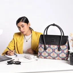 ZOUK Ethnic Motifs Printed Structured Jute Satchel Bag-8