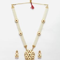 Aazeen Gold-Plated Kundan-Studded & Beaded Long Meenakari Jewellery Set-image-4