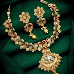 aadita Gold-Plated Pink & Green Ruby-Studded & Beaded Temple Jewellery Set-image-8