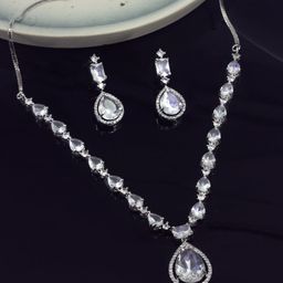 PRIVIU Rhodium Plated Teardrop American Diamond-Studded Jewellery Set-image-27