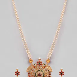 Rubans 24K Gold Plated Handcrafted Red & Green Stone Studded Jewellery Set image 5