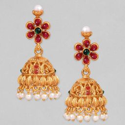 Rubans 24K Gold Plated Handcrafted Red & Green Stone Studded Jewellery Set image 2
