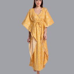 CIERGE Yellow Printed Kaftan Maxi Nightdress-image-0