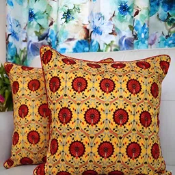TARA- Sparkling Homes Yellow & Red Set of 2 Embroidered Square Cushion Covers-46