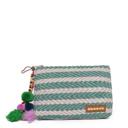 ASTRID Women Sea Green and Beige Self-Design Makeup Pouch with Tassels-14