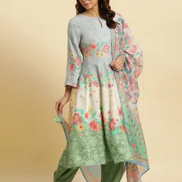 W White & Blue Floral Printed Dupatta With Tasselled Border-21