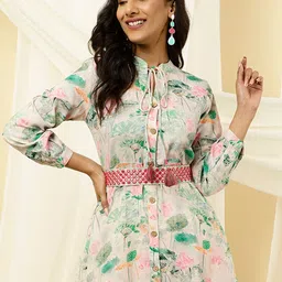 Jaipur Kurti Floral Printed Belted Cotton A-Line Dress With Belt-picture-51