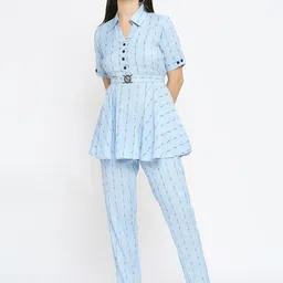 True Shape Striped Shirt Collar Top & Flared Trouser-image-97