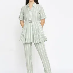 True Shape Striped Fit & Flare Cotton Collared Tunic & Trousers Co-Ords With Belt-image-49