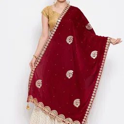 Clora Creation Women Maroon & Gold-Toned Ethnic Motifs Embroidered Velvet Dupatta-picture-11