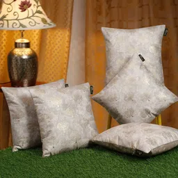 HOSTA HOMES Cream-Coloured & Gold-Toned 5 Pcs Ethnic Motifs Velvet Square Cushion Covers-image-79