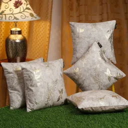 HOSTA HOMES Cream-Coloured 5 Pieces Ethnic Motifs Velvet Square Cushion Covers-21