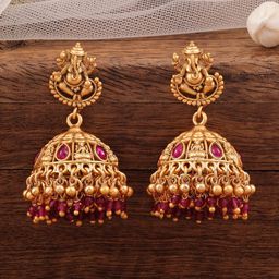 Rubans 18K Gold-Plated Ruby Stone & Beaded Divine Ganesha Temple Jhumka-3