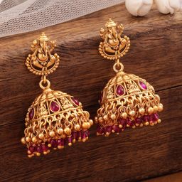 Rubans 18K Gold-Plated Ruby Stone & Beaded Divine Ganesha Temple Jhumka image 2