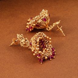Rubans 18K Gold-Plated Ruby Stone & Beaded Divine Ganesha Temple Jhumka image 4