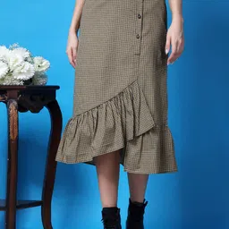Popwings Checked Pure Cotton A-Line Midi Layered Frill Hem Skirt-picture-14