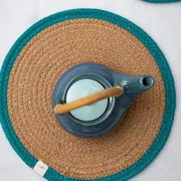JASMEY HOMES Teal Blue & BeigeTextured Round Cotton Table Placemats-13