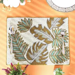 YWULY Cream & Brown Floral Beaded Table Placemats-21