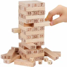 Multi Coloured 51 Pcs Blocks 4 Dices Wooden Numbered Building Bricks Stacking Classic Traditional Toppling Tumbling Tower Game Kid Gift - Challenging Maths for Adults and Kids-19