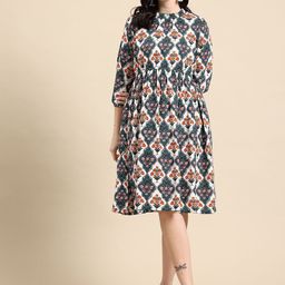 metronaut Women Fit and Flare Green, Multicolor Knee Length Dress-picture-36