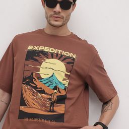 roadster Men Printed Round Neck Pure Cotton Brown T-Shirt-picture-10