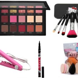 Remastered Rose Gold Eyeshadow Palette , 7 Pc Makeup Brush ( Pink / Black ) , Beauty Blender Family Puff ( 6 in 1 ) , 36 Hours Eyeliner , Portable Mini Hair Straightner-8