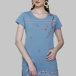 plush Women Graphic Print Round Neck Cotton Blend Dark Blue T-Shirt-picture-8