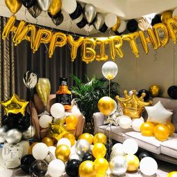Solid Golden Happy Birthday With 30 Black Gold & White Balloons(Pack Of 43) Balloon-image-6
