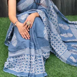 Printed, Blocked Printed, Hand Painted Ikkat Pure Cotton Saree-image-5