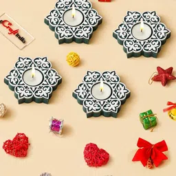 eCraftIndia Green & White 4 Pieces Christmas Snowflake Wooden Tea Light Candle Holders-22
