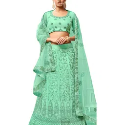 MANVAA Sea Green Embroidered Thread Work Semi-Stitched Lehenga & Unstitched Blouse With Dupatta-34