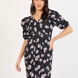 Styli Women Floral Print V-Neck Puff Sleeves Sheath Knee Length Dress-image-75