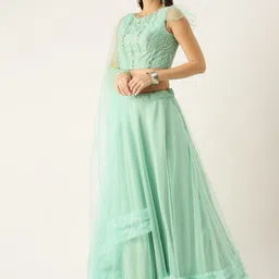 Ethnovog Green Embellished Sequinned Made to Measure Lehenga  Blouse With Dupatta-3