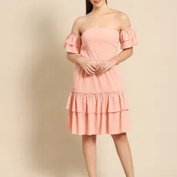 DODO & MOA Peach-Coloured Solid Off-Shoulder Crepe A-Line Dress-image-41