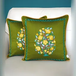 TARA- Sparkling Homes Green & Yellow Set of 2 Embroidered Square Cushion Covers-26
