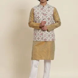 SOJANYA Men Mustard Yellow Ethnic Motifs Kurta with Pyjamas & Nehru Jacket-picture-25