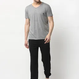 VIMAL JONNEY Men Black & Grey Solid Pure Cotton Night Suit-image-54
