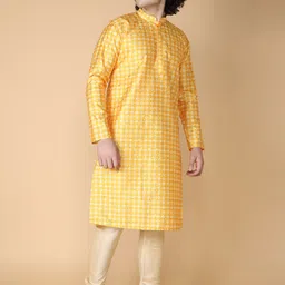 NAMASKAR Men Yellow Printed Regular Pure Silk Kurta with Churidar-picture-13