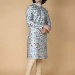 NAMASKAR Men White Printed Regular Pure Silk Kurta with Churidar-picture-13
