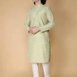 NAMASKAR Men Green Floral Embroidered Regular Pure Silk Kurta with Churidar-picture-48