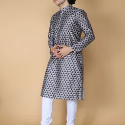 NAMASKAR Men Navy Blue Printed Regular Pure Silk Kurta with Churidar-picture-50