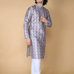 NAMASKAR Ethnic Motifs Printed Mandarin Collar Pure Silk Kurta With Churidar-picture-24