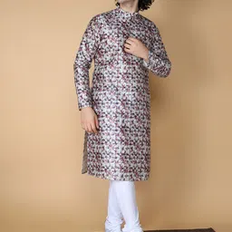 NAMASKAR Men Off White Printed Regular Pure Silk Kurta with Churidar-picture-36