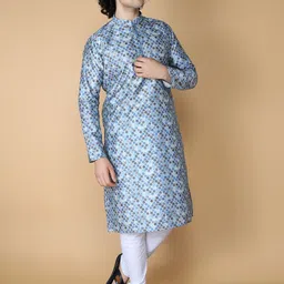 NAMASKAR Men Blue Printed Regular Pure Silk Kurta with Churidar-picture-14