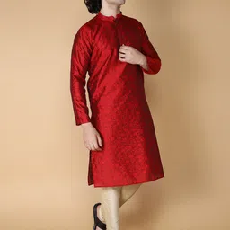 NAMASKAR Men Maroon Regular Pure Silk Kurta with Churidar-picture-11