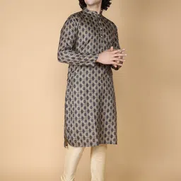 NAMASKAR Men Black Printed Regular Pure Silk Kurta with Churidar-picture-13
